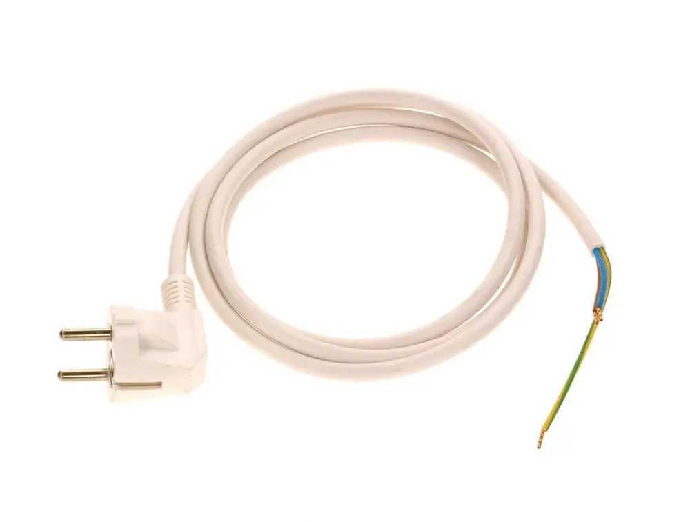 Weißes Kabel mit zweipoligem Stecker und drei einzelnen Leitungen, einschließlich einer Schutzerdung. Bosch-Produkt zur elektrischen Verbindung.